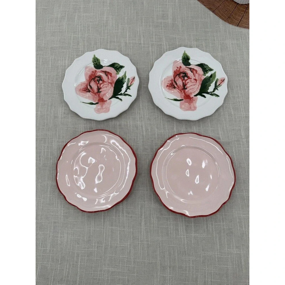 Pink Rose Dessert Plates Set Cottagecore Floral Shabby Chic Vintage Style